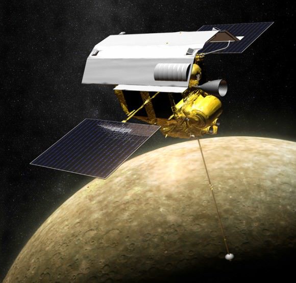Ilustração da sonda Messenger na órbita de Mercúrio (Imagem: NASA / JPL / APL)