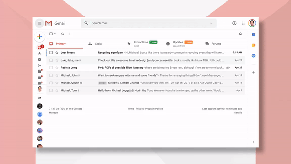Antes e depois da interface do Gmail com a extensão Simplify