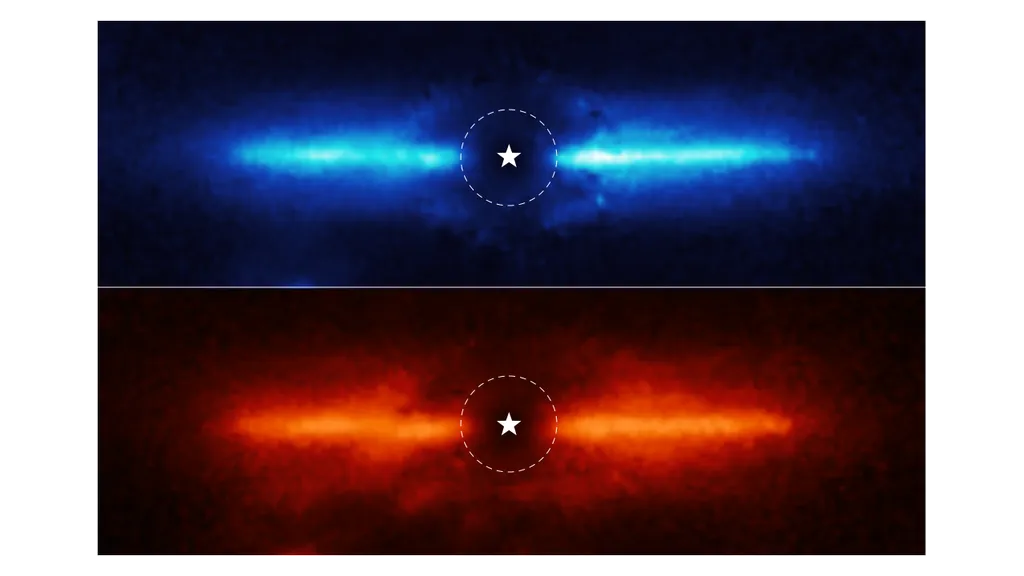 Detalhes do disco de poeira ao redor de AU Mic; a estrela está representada por uma marcação em branco, e a região bloqueada pelo coronógrafo está indicada por um círculo pontilhado (Imagem: Reprodução/NASA, ESA, CSA, and K. Lawson (Goddard Space Flight Center); A. Pagan (STScI)