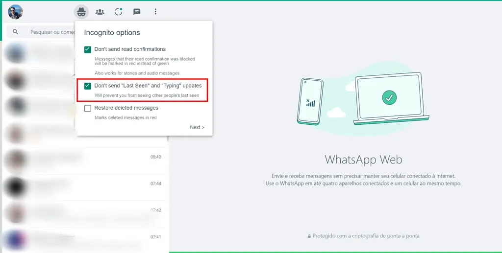 O WAIncognito conta com um botão integrado à interface do WhatsApp Web (Imagem: Captura de tela/Fabrício Calixto/Canaltech)