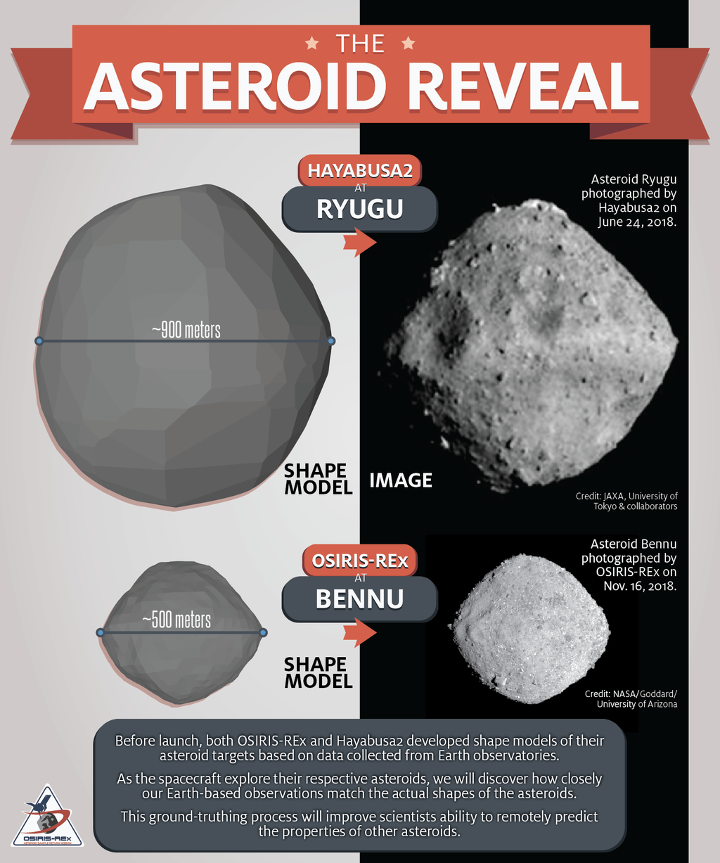 Comparação entre os asteroides Ryugu e Bennu, ambos com o mesmo formato de "pião" devido à concentração de matéria na faixa equatorial (Imagem: University of Arizona)