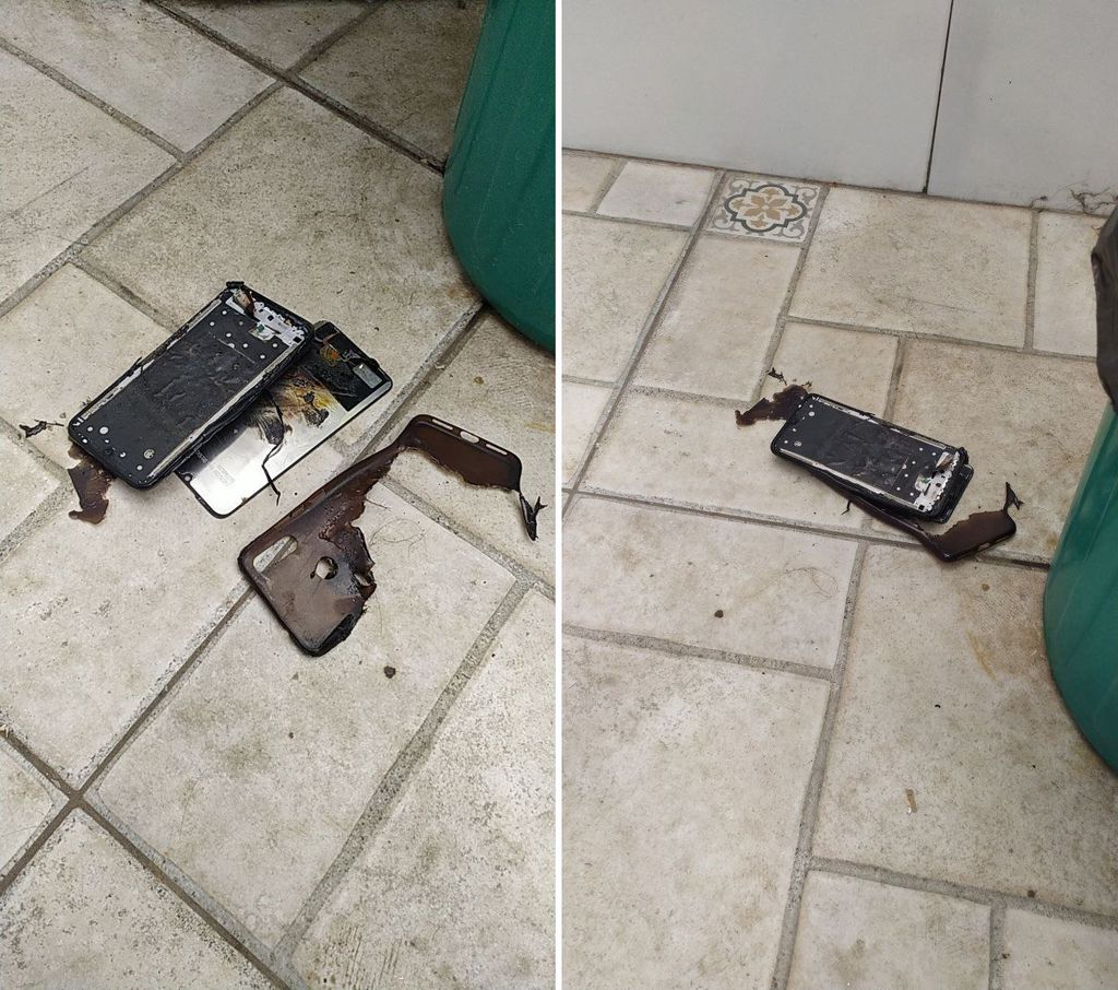 Os restos do Redmi Note 7 que pegou fogo enquanto carregava (Imagem: Reprodução/Twitter)