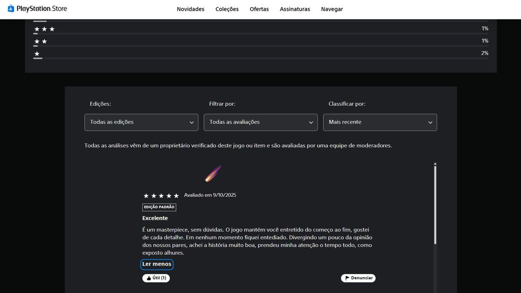 Imagem das análises da PS Store