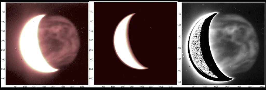 Sequência que mostra o processo de reduzir o brilho do lado diurno de Vênus, para os pesquisadores conseguirem analisar os detalhes do lado noturno (Imagem: Reprodução/Pedro Machado, et al. 2022)