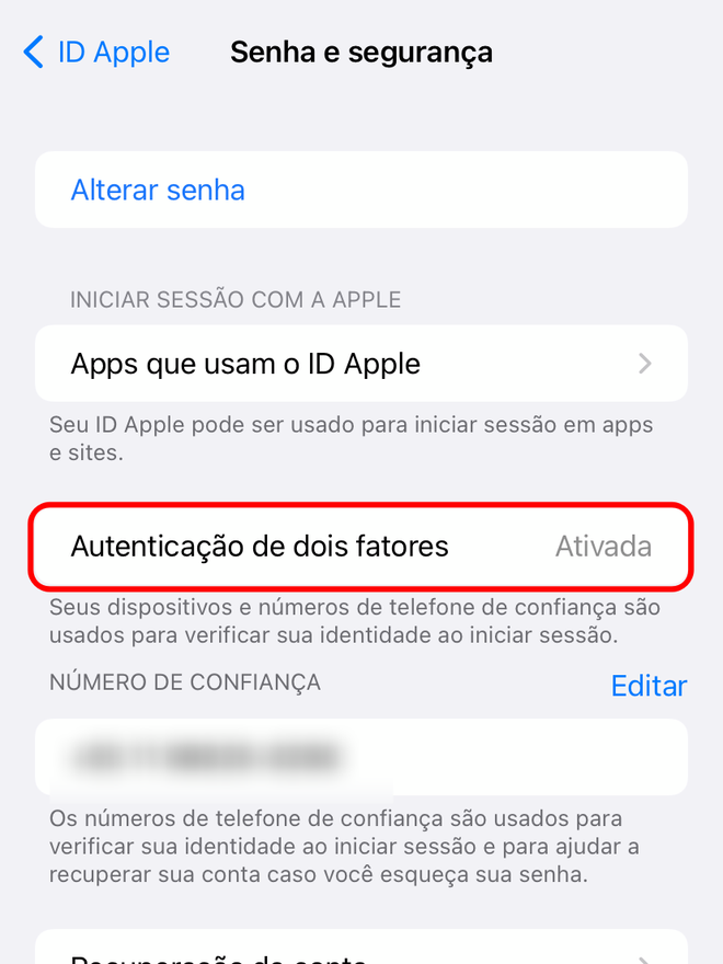 Ative a autenticação de dois fatores em um dispositivo móvel da Apple - Captura de tela: Thiago Furquim (Canaltech)