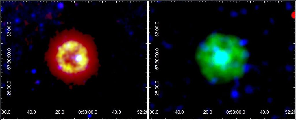 Imagens da nebulosa IRAS 00500+6713 em faixas de comprimento de onda de infravermelho médio e raio-X. Uma estrutura semelhante a um anel é vista dentro da nebulosa (Imagem: Reprodução/Astronomy & Astrophysics)