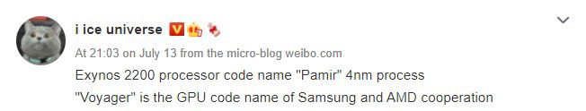 O novo chip topo de linha da Samsung pode atender pelo codinome "Pamir", com a GPU AMD Radeon "Voyager" (Imagem: Reprodução/Ice Universe)