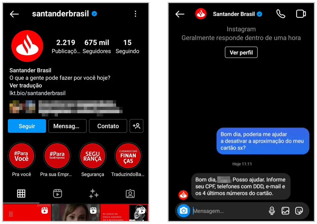Veja como desativar aproximação do cartão Santander utilizando um dos canais oficiais do banco nas redes sociais (Captura de tela: Matheus Bigogno)