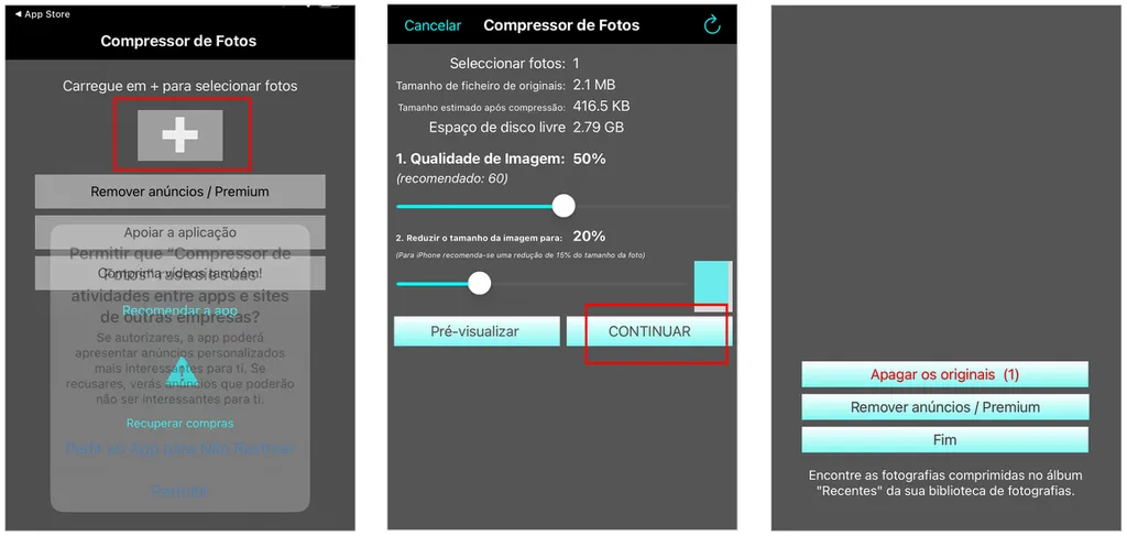 Envie fotos para compressão no aplicativo para iPhone (Imagem: Captura de tela/André Magalhães/Canaltech)