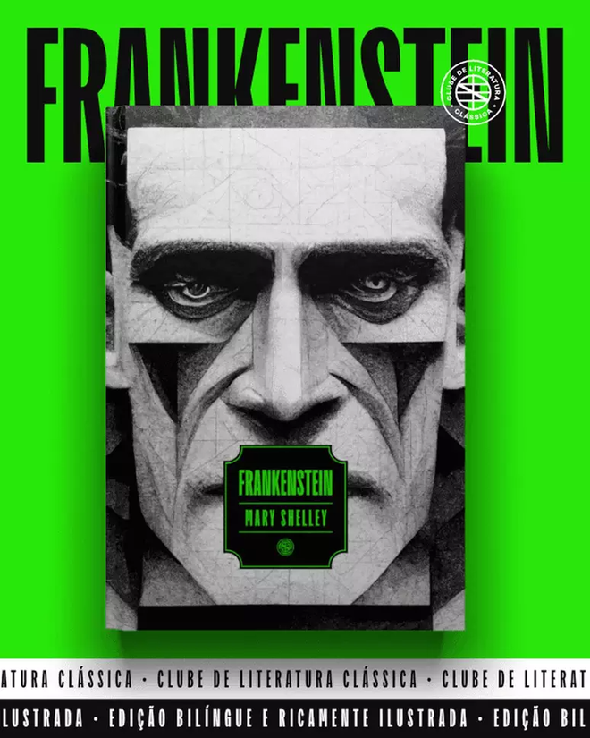 Frankenstein foi ilustrado por meio de AI. (Imagem:Clube de Literatura Clássica/Divulgação)