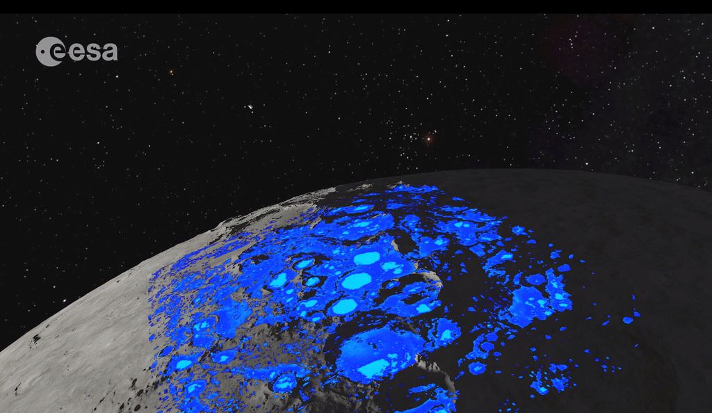 De olho na água congelada da Lua, pesquisadores estimam regiões prováveis onde há maior concentração desta riqueza espacial (Imagem: ESA)