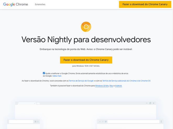 Página de download do Chrome Canary (Imagem: André Magalhães/Captura de tela)