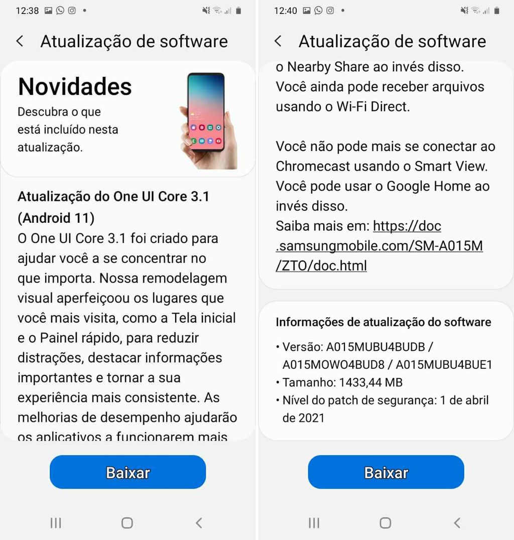 Android 11 com One UI 3.1 no Galaxy A01 (Imagem: Bruno Bertonzin/Captura de tela)