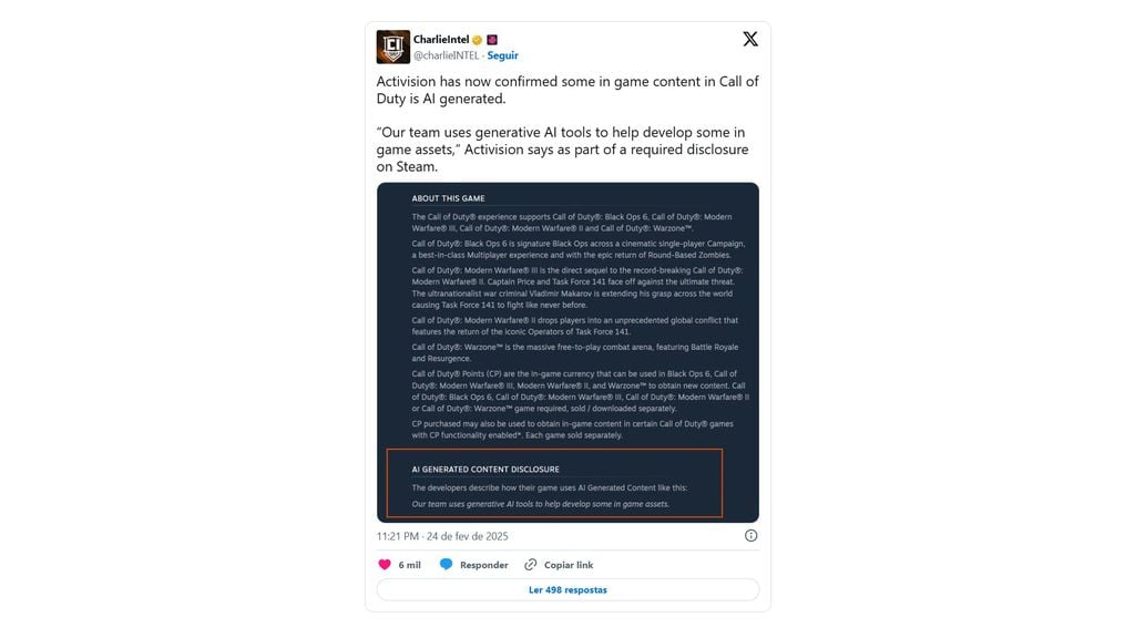 Tweet que mostra a confirmação da Activision usar IA em Call of Duty