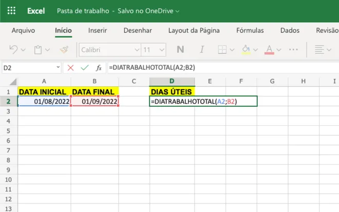Cálculo para descobrir dias úteis no Excel (Captura de tela: Caio Carvalho)