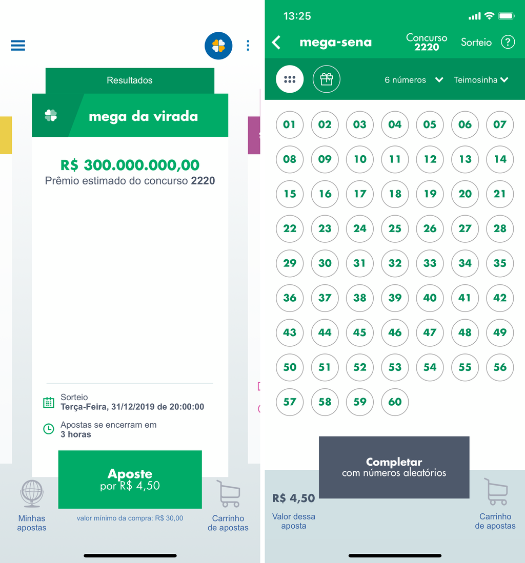Aplicativo 'Loteria Caixa' para iOS. É possível apostar na meda Virada pelo app / Captura de tela: Bruno Salutes
