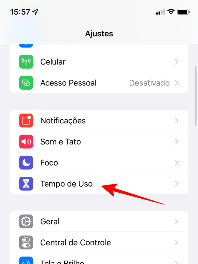 Acesse o menu "Tempo de Uso" nos ajustes do iPhone ou iPad - Captura de tela: Thiago Furquim (Canaltech)