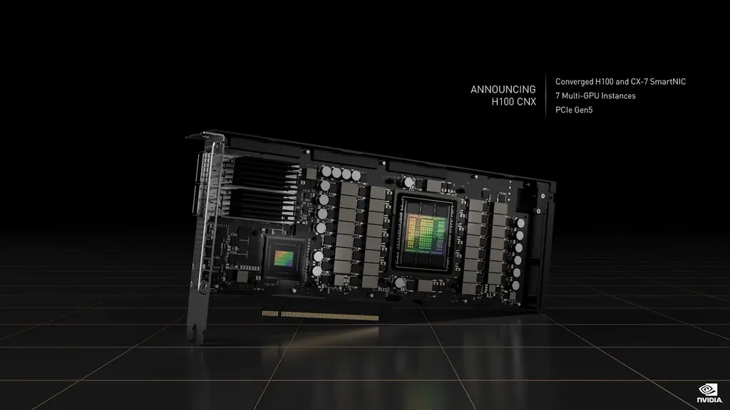 A nova Nvidia H100 CNX integra a GPU coom um chip de rede para permitir acesso direto aos dados e evitar gargalos de memória ou da conexão PCIe (Imagem: Nvidia)