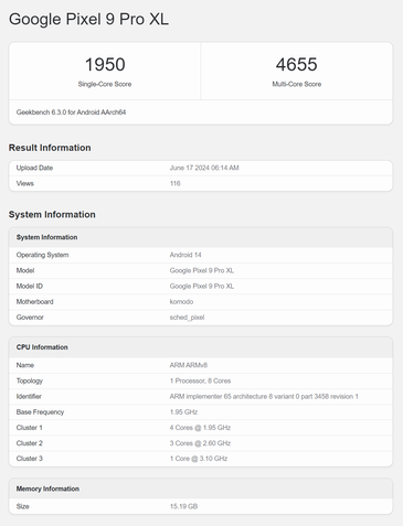Google Pixel 9 Pro XL Vazamentos Geekbench 2