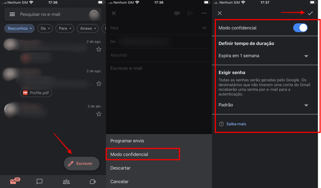 O modo confidencial do Gmail no aplicativo conta com os mesmos menus para Android e iOS (Imagem: Captura de tela/Fabrício Calixto/Canaltech)