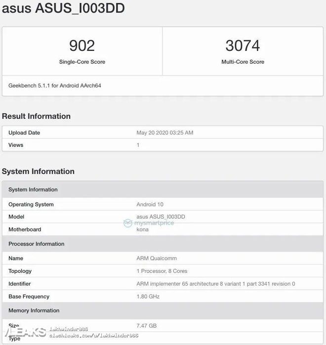 Resultados do suposto ROG Phone 3 na plataforma Geekbench (Foto: Reprodução/Slashleaks)