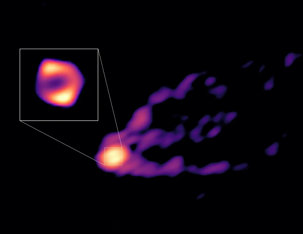 Jato e sombra do buraco negro M87*; ainda, as novas imagens mostram que o anel do buraco negro é 50% do que apareceu em outras imagens (Imagem: Reprodução/R.-S. Lu (SHAO), E. Ros (MPIfR), S. Dagnello (NRAO/AUI/NSF)
