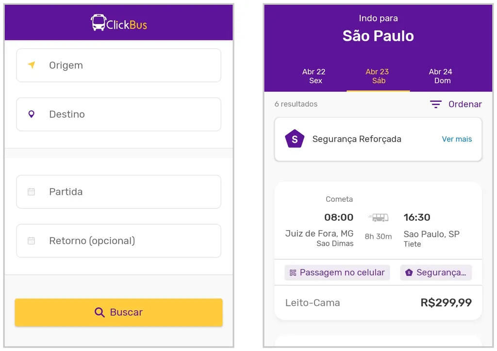 App filtra viagens de empresas de ônibus parceiras e oferece diversas opções (Captura de tela: Matheus Bigogno)