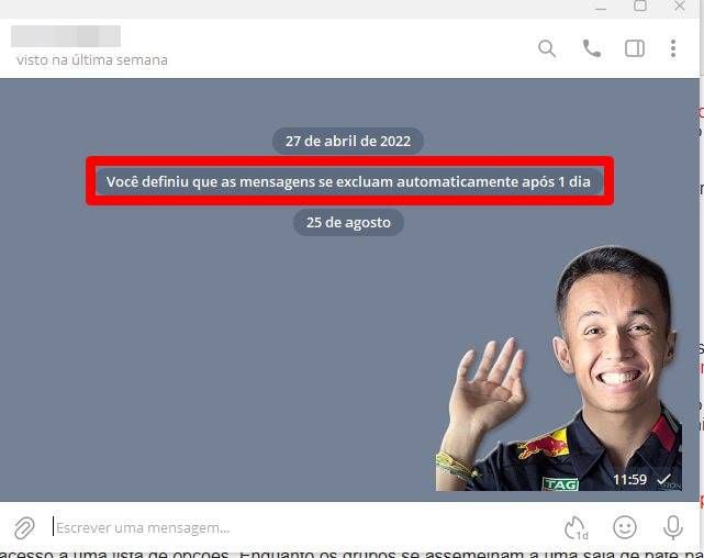 Timers de autodestruição do Telegram podem ser configurados em mensagens, arquivos e também para toda a conta, de acordo com inatividade (Imagem: Captura de tela/Felipe Demartini/Canaltech)