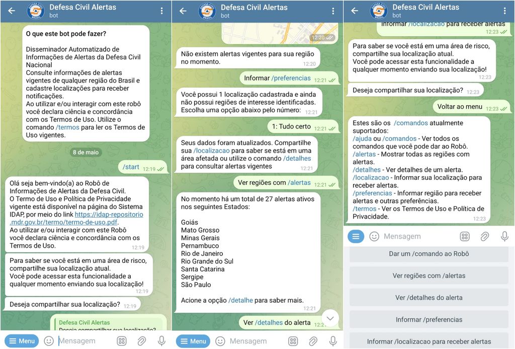 Chatbot da Defesa Civil no Telegram permite consultar alertas em todo o Brasil (Imagem: Captura de tela/Guilherme Haas/Canaltech)