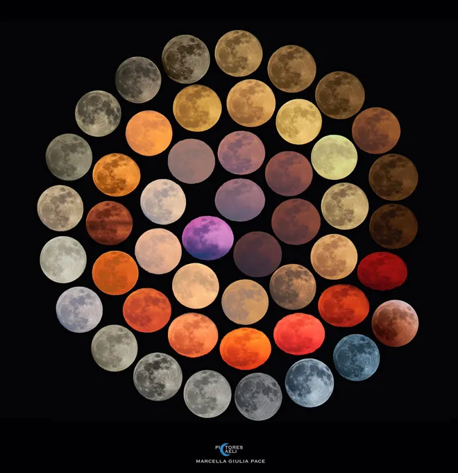 Composição que mostra variações na cor da Lua, registradas ao longo de 10 anos (Imagem: Reprodução/Marcella Giulia Pace)