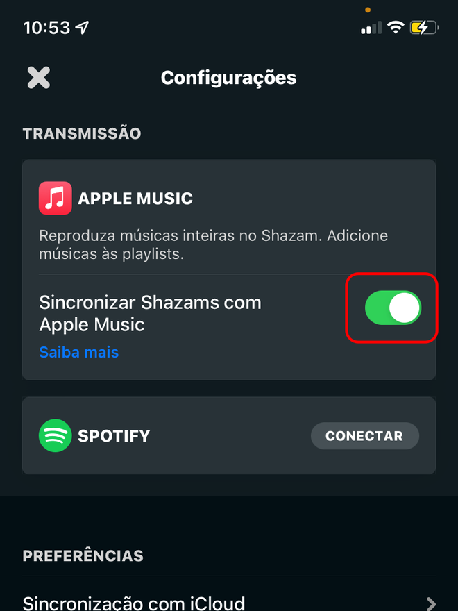 Vincule o Apple Music ao Shazam pela opção indicada - Captura de tela: Thiago Furquim (Canaltech)