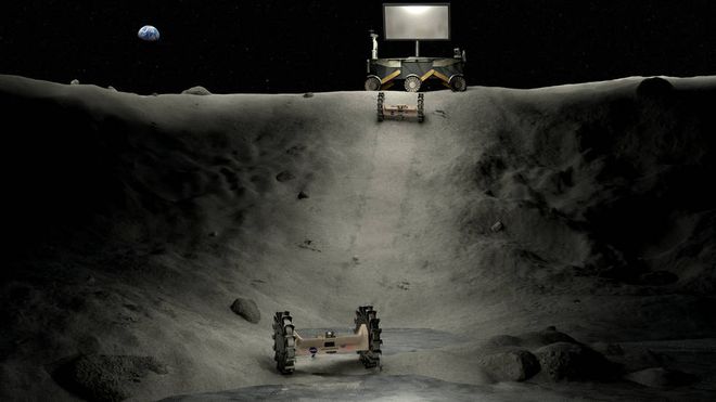 Conceito de tecnologias que fornecerão energia e iluminação sem fio para robôs operando em uma cratera lunar (Imagem: NASA)