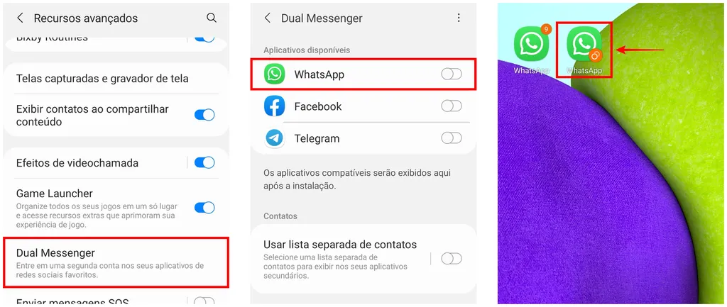 Ferramenta Dual Messenger em aparelhos da Samsung permite clonar o WhatsApp (Captura de tela: Caio Carvalho)