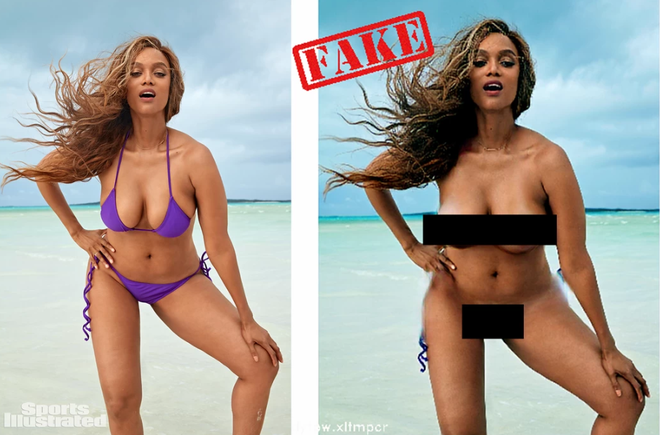 Imagem da modelo e atriz Tyra Banks: à esquerda, um original que serviu de capa à revista 