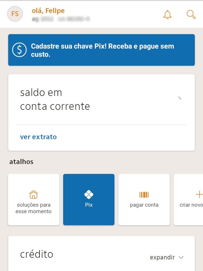 Acesse o atalho do Pix na página inicial do aplicativo - (Captura: Canaltech/Felipe Freitas) 