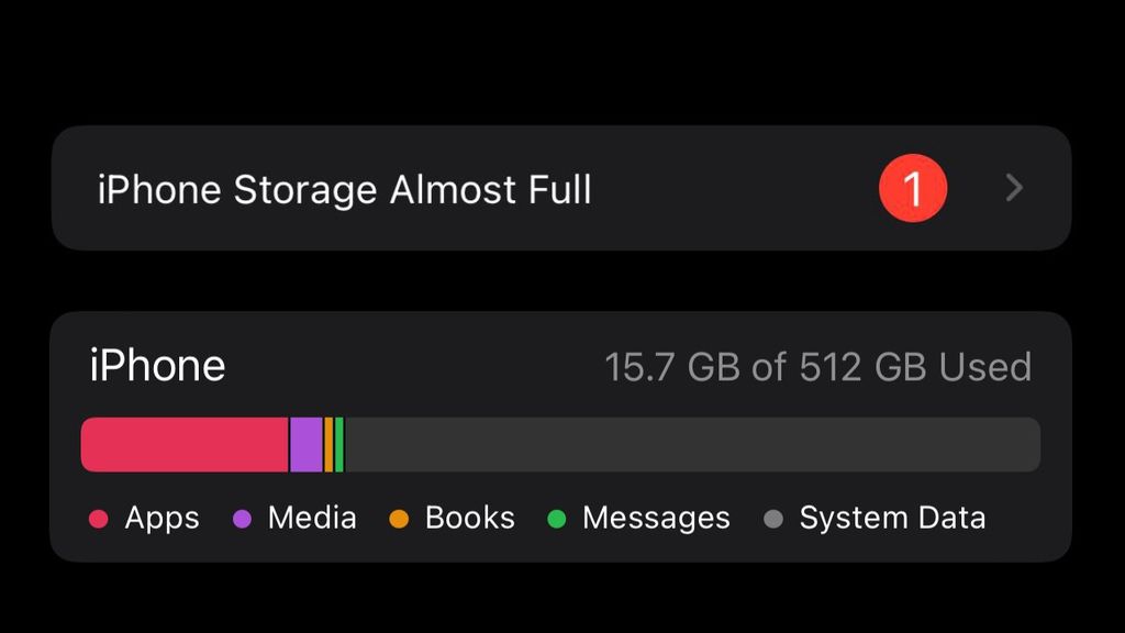 Mesmo com bastante espaço, o aparelho acusada armazenamento quase cheio (Imagem: Reprodução/Apple Insider)