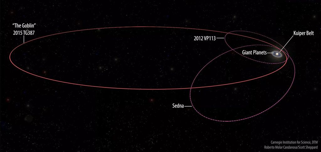 Imagem mostra a órbita do The Goblin em comparação com a de outros objetos do Sistema Solar (Imagem: Instituto de Ciência de Carnegie)