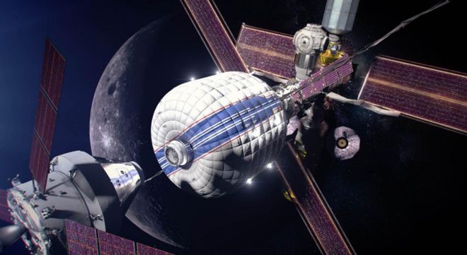 Ilustração da espaçonave Orion que se aproxima da estação Gateway (Imagem: NASA)