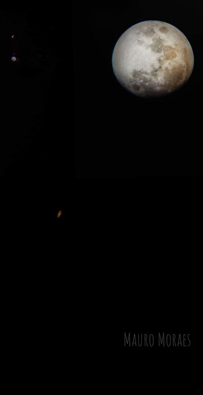 Ao lado da Lua, Júpiter e algumas de suas Luas; abaixo, Saturno e seus anéis (Foto: Reprodução/Mauro Moraes)
