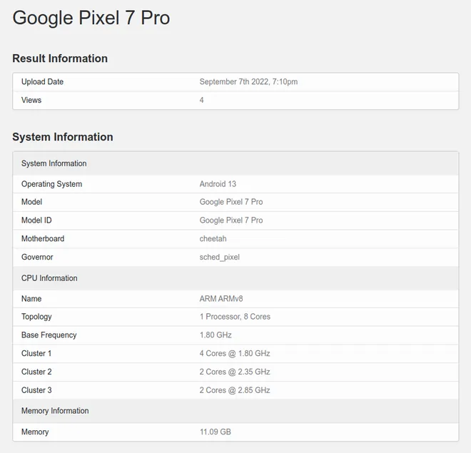 Google Pixel 7 Pro deve trazer novo processador Tensor G2 e até 12 GB de RAM (Imagem: Reprodução/Geekbench)