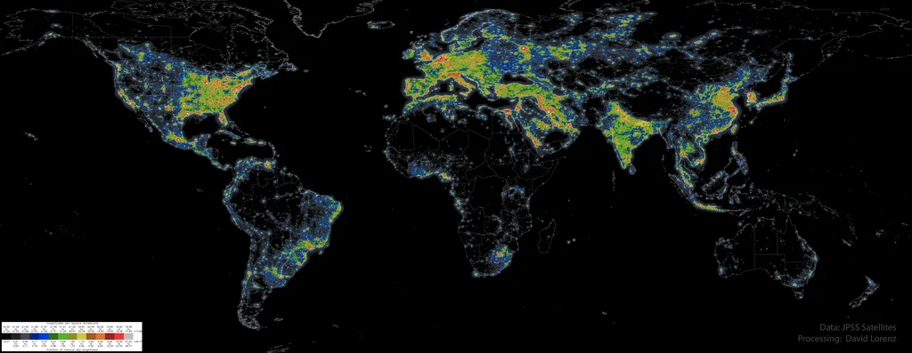 Mapa da quantidade relativa de poluição luminosa que ocorre na Terra (Imagem: Reprodução/JPSS Satellites; Processing: David J. Lorenz)
