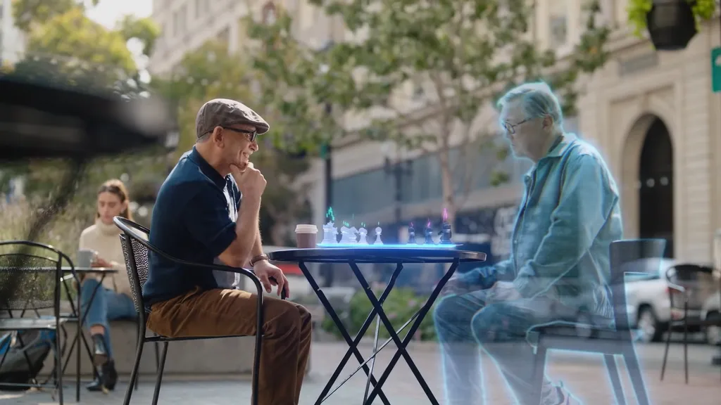 Dois velhos amigos jogando xadrez como se estivessem no mesmo ambiente físico. (Imagem: YouTube/Meta/Divulgação)