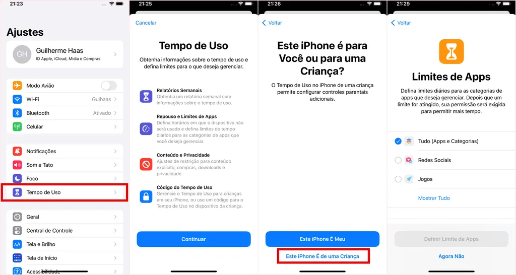 Função “Tempo de Uso” no iOS fornece opções para limitar acesso por idade (Imagem: Captura de tela/Guilherme Haas/Canaltech)