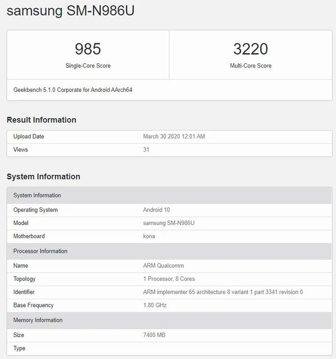 Resultados do suposto Galaxy Note 20+ 5G (Foto: Reprodução/Sam Mobile)