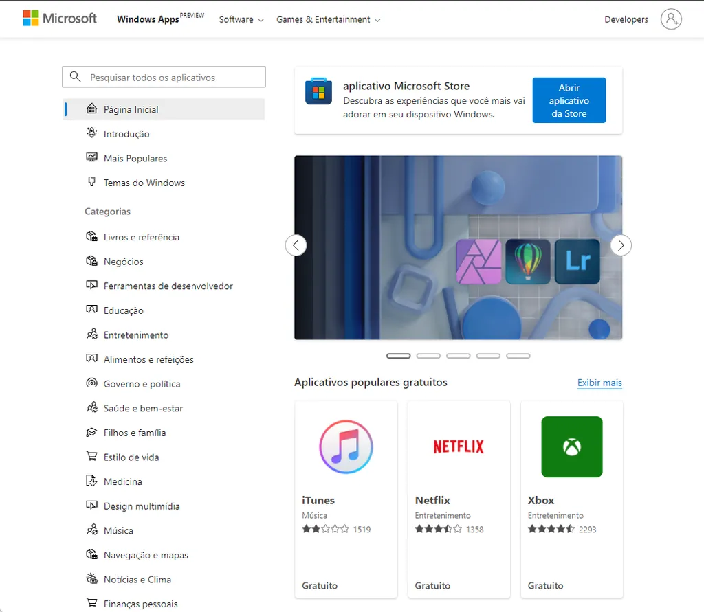 A Microsoft Store nova agora pode ser acessada por qualquer navegador da web (Imagem: Captura de tela/Canaltech)