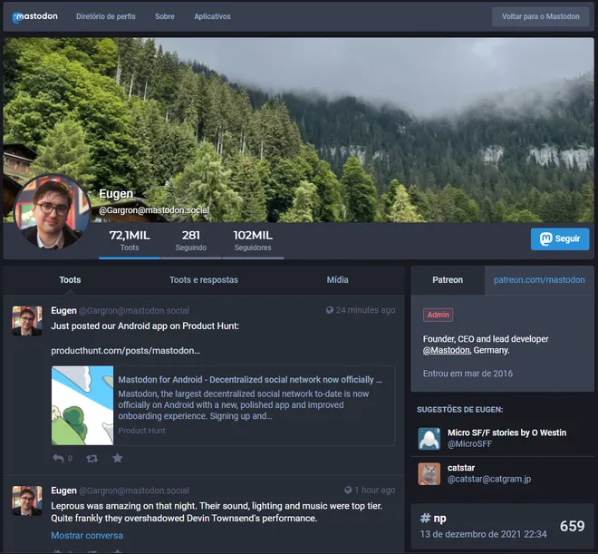 Cada perfil tem uma tela própria com informações de posts, seguidores e perfis seguidos: este é o Eugen, fundador da rede (Imagem: Captura de tela/Alveni Lisboa/Canaltech)