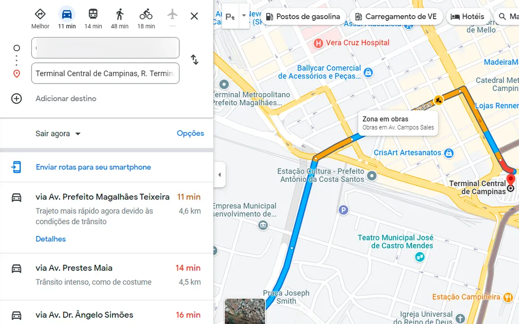 Use o Maps para ver o congestionamento no trajeto (Imagem: Captura de tela/André Magalhães/Canaltech)