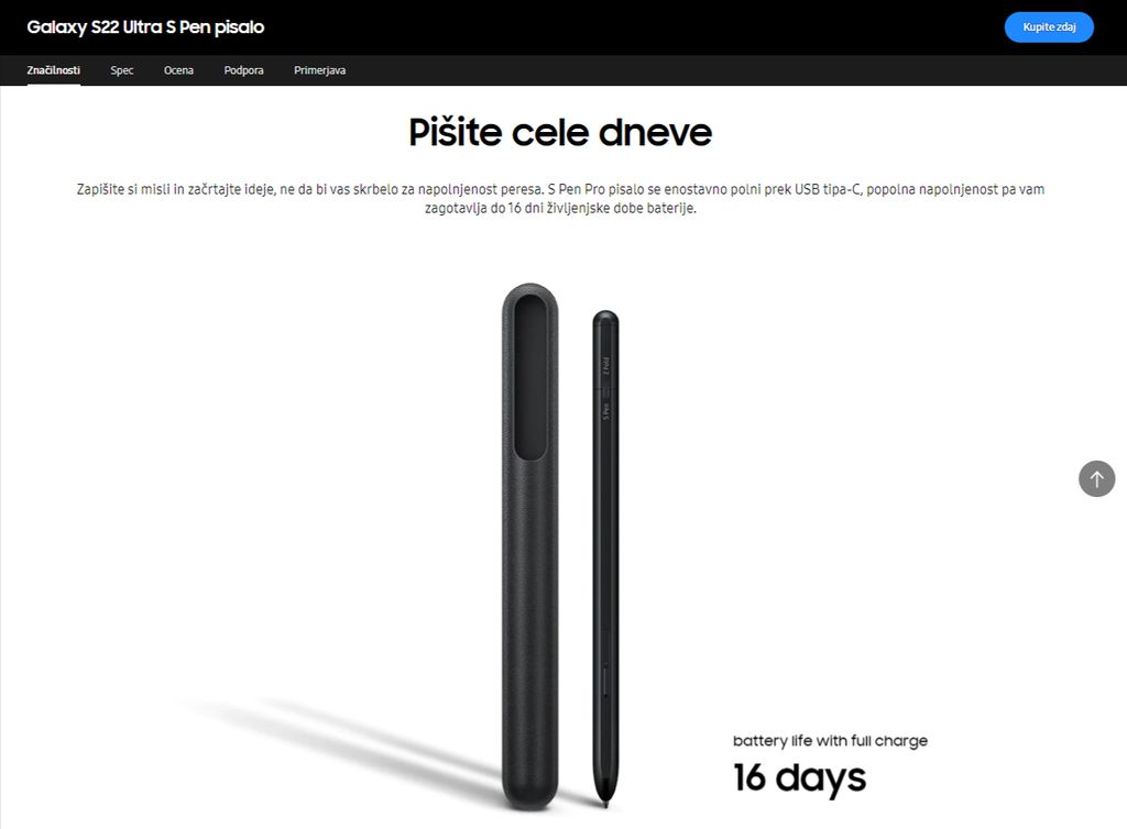 Portal confirma bateria para 16 dias na S Pen (Imagem: Captura de tela/Samsung Eslovênia)