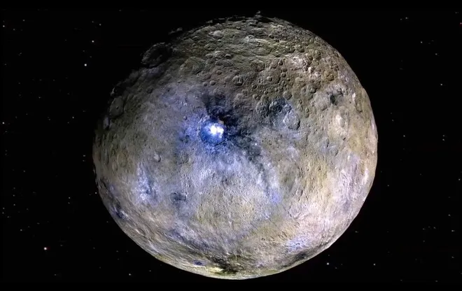 Imagem de Ceres com cores editadas, para destacar os diferentes materiais em sua superfície (Imagem: Reprodução/NASA/JPL-CalTech/UCLA/MPS/DLR/IDA)