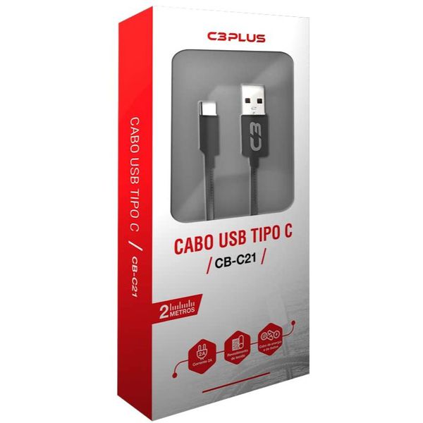 Cabo USB-USB C C3Plus 2M 2A Preto - CB-C21BK
